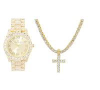 Charles Raymond Collar de lujo con cruz de tenis para hombre con reloj de pulsera de cuarzo con diamantes - Be Lit & Choose The Matching Blinged Out Cuban ZZ Set - ST10327TCR Sets, 18", Circonia