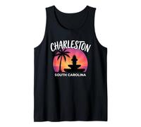 Charleston, Carolina del Sur, Fuente de piña, Retro, Puesta de Sol Camiseta sin Mangas