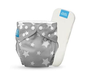 Charlie Banana Cloth Diapers, Reusable, Washable, Adjustable One Size Diaper, for Babies and Toddlers, with Absorbent Insert - Twinkle Little Star White on Grey, 1 Pack