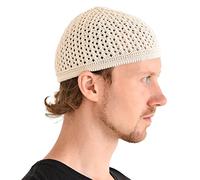 CHARM Casualbox Tejido Algodón Cráneo Gorra Kufi Islam Oración Sombrero Croché Puntada Tapa Gorros Beanie Hombres Tocados para Todos Temporadas Beige