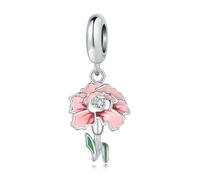Charm colgante de flor de clavel rosa, accesorio de pulsera de plata de ley 925, compatible con con collar de pulsera Pandora, regalo para mujeres