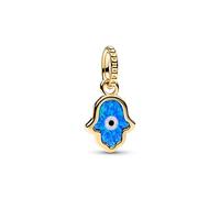 Pandora Moments Colgante con diseño de mano Hamsa chapado en oro de 14 quilates con ópalo azul oscuro y blanco creado en laboratorio y compuesto artificial negro