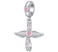 Charm cruz, Charms Cruz con alas de ángel Plata de Ley 925 Incrustación de circonio cúbico, Abalorios Pandora para Pulseras Europeas, Regalos para señoras, niñas y hermanas