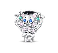 Charm de cuentas de flores de oso con de graduación, accesorio de pulsera de dijes chapado en plata, collar de pulsera Pandora compatible con, regalo para mujeres