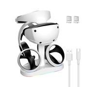 CHARM FOCUS Estación de carga para PSVR 2, soporte vertical de visualización de auriculares PlayStation VR2, base de carga dual PSVR2 con indicador LED, 9 modos de luz RGB