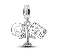 Charm Viaje Plata 925 - Colgante Estilo Pandora con Avión, Mundo y Postal - Recuerdos de Aventuras y Momentos Especiales - Compatible con Pulseras Pandora