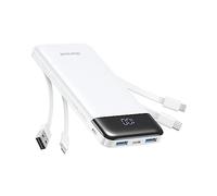 Charmast Batería externa con cables integrados, 4 unidades, 10000 mAh, USB C, paquete de 6 salidas, 3 entradas con pantalla LED tipo C, tabletas y más, color blanco