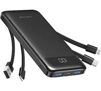 Charmast Power Bank 10000mAh con Cables Integrados, USB C Cargador Portátil 5V / 3A Powerbank Pantalla LED con 6 Salidas y 3 Entradas para iPhone Samsung Huawei Xiaomi
