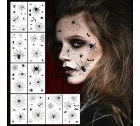 CharmBurst 10 Piezas de Tatuajes Temporales 3D Telaraña Halloween, Tatuajes Faciales Realistas, Maquillaje de Bruja Murciélago Zombie, Pegatinas para Decoración de Fiesta de Miedo