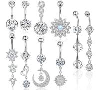 CharmBurst 10 Piezas Set de Piercing para Ombligo Plata, Diseños Variados con Circonio, Hipoalergénico y Libre de Níquel, Joyería Anillo Ombliguero Resistente al Agua