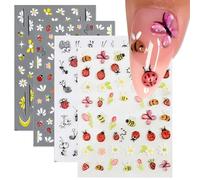 CharmBurst 4 Piezas Adorables Pegatinas de Uñas, Diseño de Abejas y Mariquitas, Arte de Uñas Autoadhesivo en Relieve 5D, Decoración Floral para Damas y Niñas, Accesorios de Manicura DIY