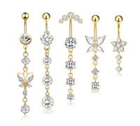 CharmBurst 5 piezas de piercing colgante para ombligo, piercing de ombligo de acero quirúrgico dorado, anillo de ombligo con circonio, set de piercing para el ombligo resistente al agua