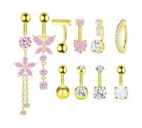 CharmBurst Gold anillos para el ombligo, acero quirúrgico de 14G, diseño colgante de flores y corazones, ópalo rosa, resistente al agua, hipoalergénico, piercing y joyería para el ombligo