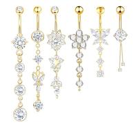 CharmBurst Set de 6 piercings para ombligo dorados, anillos colgantes de acero inoxidable, joyería corporal de acero quirúrgico, estilo moderno