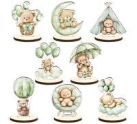 CHarmeFleur 16 Piezas Decoración De Mesa De Madera para Baby Shower En Verde Salvia con Figura De Oso Y Cartel Extraíble para Revelación De Género De Niño O Niña