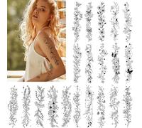 CharmeFleur 20 láminas de tatuajes temporales de flores negras para mujeres y niñas con diseños de mariposas y enredaderas realistas para decora el brazo, cintura, cuello y arte corporal