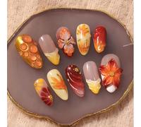 CHarmeFleur 30 Uds Uñas Postizas de Hoja de Arce de Otoño con Diseño Francés Medio, Flores 3D y Aplicación de Hoja Dorada, Arte de Uñas Hecho a Mano para Acción de Gracias