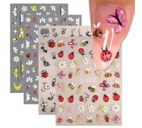 CHarmeFleur Adorable Abeja Mariquita Hormiga Arte de Uñas Stickers 4 Hojas 5D Relieve Autoadhesivo Decoración de Uñas Flores Margaritas Mariposa Fresa