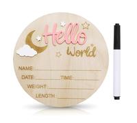 CHarmeFleur Cartel De Anuncio para Bebé, Letrero De Madera De 15 Cm «Hola Mundo» En Rosa, Placa Y Bolígrafo para Presentar Nacimiento, Decoración con Luna Y Nube Blanca,