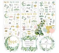 CharmeFleur Pegatinas de boda para Scrapbooking - 8 hojas 200+ piezas Pegatinas de boda doradas y verdes autoadhesivas e impermeables para planificadores cartas a la novia álbum de recortes