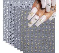 CHarmeFleur Resumen de Calcomanías para Uñas 8 Hojas Letras Antiguas en Inglés Pegatinas para Uñas 3D Autoadhesivas Oro Plata Negro Blanco Patrón Retro en Inglés Alfabeto