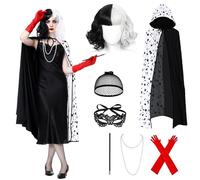 Charmofun 7 Piezas Disfraz Cruella Devil Mujer, Cruella de Vil Disfraz con Collar Peluca Guantes, Traje Halloween Mujer para Carnaval, Fiesta de Disfraces y Cosplay