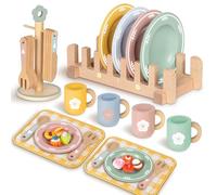 Charmofun Accesorios de Cocinita de Madera para Niños, Juguetes de Cocina de Madera, Accesorios Cocina Juguetes con Platos y Vajilla Regalo para Niñas y Niños de 3 a 8 Años
