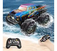 Charmofun Anfibio Coche Teledirigido, 4WD Todo Terreno Monster Truck Teledirigido con Luces Led e 2 Baterías, 2.4GHz 360° Rotación Impermeable Coche RC 1:16 para Niños De 7 A 14 Años (Blue)