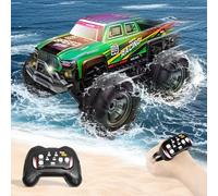Charmofun Anfibio Coche Teledirigido, 4WD Todo Terreno Monster Truck Teledirigido con Luces Led e 2 Baterías, 2.4GHz 360° Rotación Impermeable Coche RC 1:16 para Niños De 7 A 14 Años (Green)