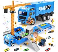 Charmofun Camión de Construcción Vehículos de Juguete, Camión de Juguete con Luces, Sonidos, Eyección Pista, Camiones Juguetes con Grúa de Juguete y 6 Mini Vehículos de Obra, Regalo para 3 4 5+ Años