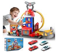 Charmofun City Pista Looping Estación de Bomberos, Set Pista Coches Juguete con 4 Coches, 3 Plazas de Aparcamiento, Circuito Elevable y Efectos de Luz y Sonido, Pistas con Lanzador para Niños 4+ Años