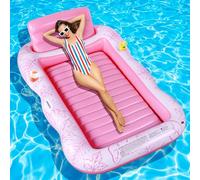 Charmofun Colchón de Aire Piscina, Flotador Inflable de Bronceado Grande, Piscina Bronceado Hinchable Adultos, Hamaca de Agua Colchón de Aire con Portavasos, para Adultos y Niños (Rosa)
