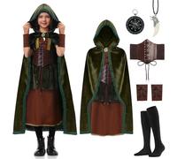 Charmofun Disfraz Robin Hood Niña 3-12 Años, Vestido Medieval Infantil Niño con Capa, Brújula, Collar, Cinturón y Calcetines, Disfraz de Carnaval y Fiesta de Disfraces (Niña, 130)