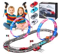 Charmofun Pista Carreras Electrica, 50km/h Iluminado Pista Coches Niños 1:64 Pista Autos -4 LED Coches, Bucle 360°, Euroconector, Contador Vueltas, Circuito Coche Niños 3+ Años Juguete Regalos (S)