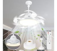 Charmofun Ventilador de Techo con Luz Silencioso, 43CM Lampara Techo Ventilador Plegable E27 con Luz y Mando, Regulable en Colores y Velocidades, 3 Aspas Ocultas, Temporizador para Dormitorio y Salón
