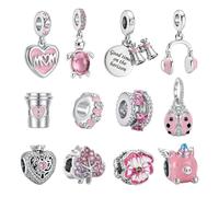 Charms Abalorios Colgante de Nacimiento, 12PCS Kit Pulseras para Hacer | Compatible con Pulseras y Collares Pandora, con Diseños de Corazón, Cerdito, Flor y Letra Mom