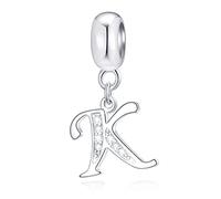 Charms de letra K Cuentas colgantes alfabeto inicial K, Plata esterlina 925 Letter Charm colgante con claro CZ, apto para pulsera/collar de mujer Pandora, regalos para feliz cumpleaños/mejor amigo