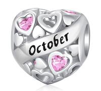 Charms Piedra de Nacimiento Octubre y 925 Plata de Ley Birthstone Heart Charm,Abalorios Pandora para Pulseras Europeas, Regalos para mamá mujer niña