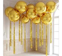 Charnoel 18 globos metálicos dorados a granel con serpentinas de fiesta, juego de globos redondos gigantes 4D de 22 pulgadas, cortina de flecos metálicos para graduación, cumpleaños, baby shower