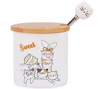 Chase Chic Azucarero, Pequeño Azucarero de Porcelana con Tapa Bambú y Cuchara Cerámic de 8,5oz/240 ml con Patrón de Gato, Apto para Cocina y Desayuno, el Mejor Regalo para Los Amantes de Los Gatos