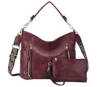 Chase Chic Bolsos de Mujer Hobo, Bolsos Bandolera Bolsos Tote Bolsos de hombro Grande PU Cuero Monedero Carteras 2pcs Set, Borgoña