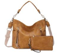 Chase Chic Bolsos de Mujer Hobo, Bolsos Bandolera Bolsos Tote Bolsos de hombro Grande PU Cuero Monedero Carteras 2pcs Set, Marrón Amarillento