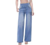 Chasehot Vaqueros Mujer Largos, Pantalones Rectos y Ancha Jeans Elásticos Push Up Cintura Alta con Bolsillos Talla Grande, Lavado Azul Medio-S, 29"