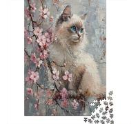 Chat Avec Des Fleurs de cerisiers 1000 Piezas Papel Durable Puzzle para Adultos Portátil Fácil Almacenar Horas De Entretenimiento Ocio En Casa 38x26cm/1000pcs
