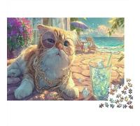Chat refroidissant Sur la Plage Avec UNE boisson glacée Jigsaw, 1000 Pièces Jeux Éducatifs, Pet Décoration De Maison, Puzzle Défiant, Idéal En Cadeau 70x50cm/1000pcs