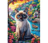 Chat siamois Dans le Jardin Fleuri Rompecabezas 500 Piezas Cartón Grueso para Adultos Mitos Animal Planta Desconectar Rutina Ejercicio Mental Relajante Decoración Dormitorio Regalo 500 PCS