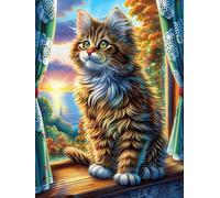 Chat tigré à la fenêtre Rompecabezas 500 Piezas Cartón Grueso para Mayores Mitos fantásticos Noches Juegos Familiares Estimulación Mental Regalo San Valentín 500 PCS