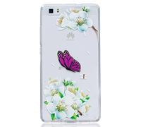 CHcase Huawei P8 Lite Funda, Christmas Series Transparente Silicona TPU de Flexibilidad Carcasa Case Bumper Ultra Delgado Espalda Case Cover para Huawei P8 Lite -Green Butterfly Flowers