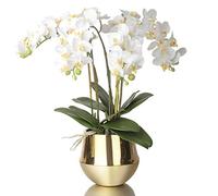 CHCWR 4 cabezas de orquídeas blancas artificiales con jarrón de cerámica dorada, juego de flores artificiales de Phalaenopsis para sala de estar, comedor, mesa, centro de mesa, oficina, boda