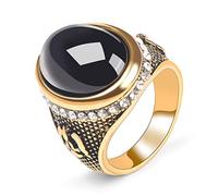 CHCWR Anillo de banda ancha ovalada de oro con piedra de obsidiana negra para mujer, chapado en oro retro de 14 quilates, joyería retro, regalo para hombres, piedra preciosa de cristal turco, anillo